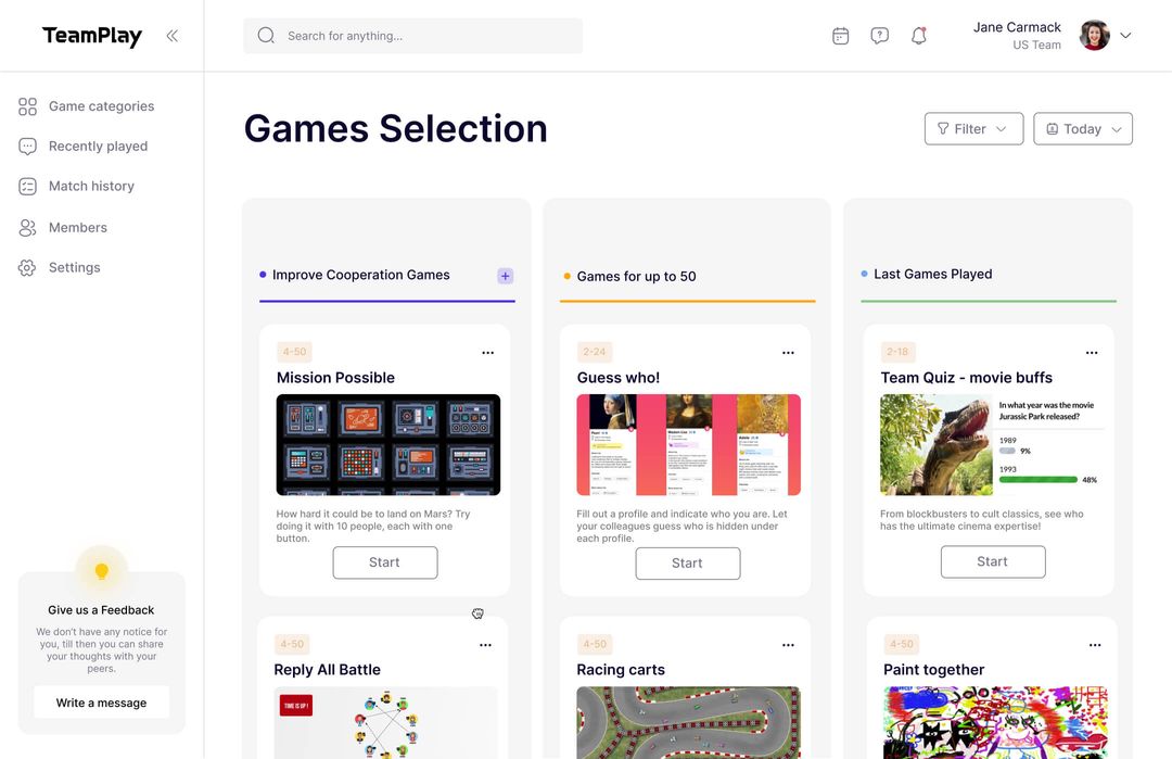 Games Selection Interface